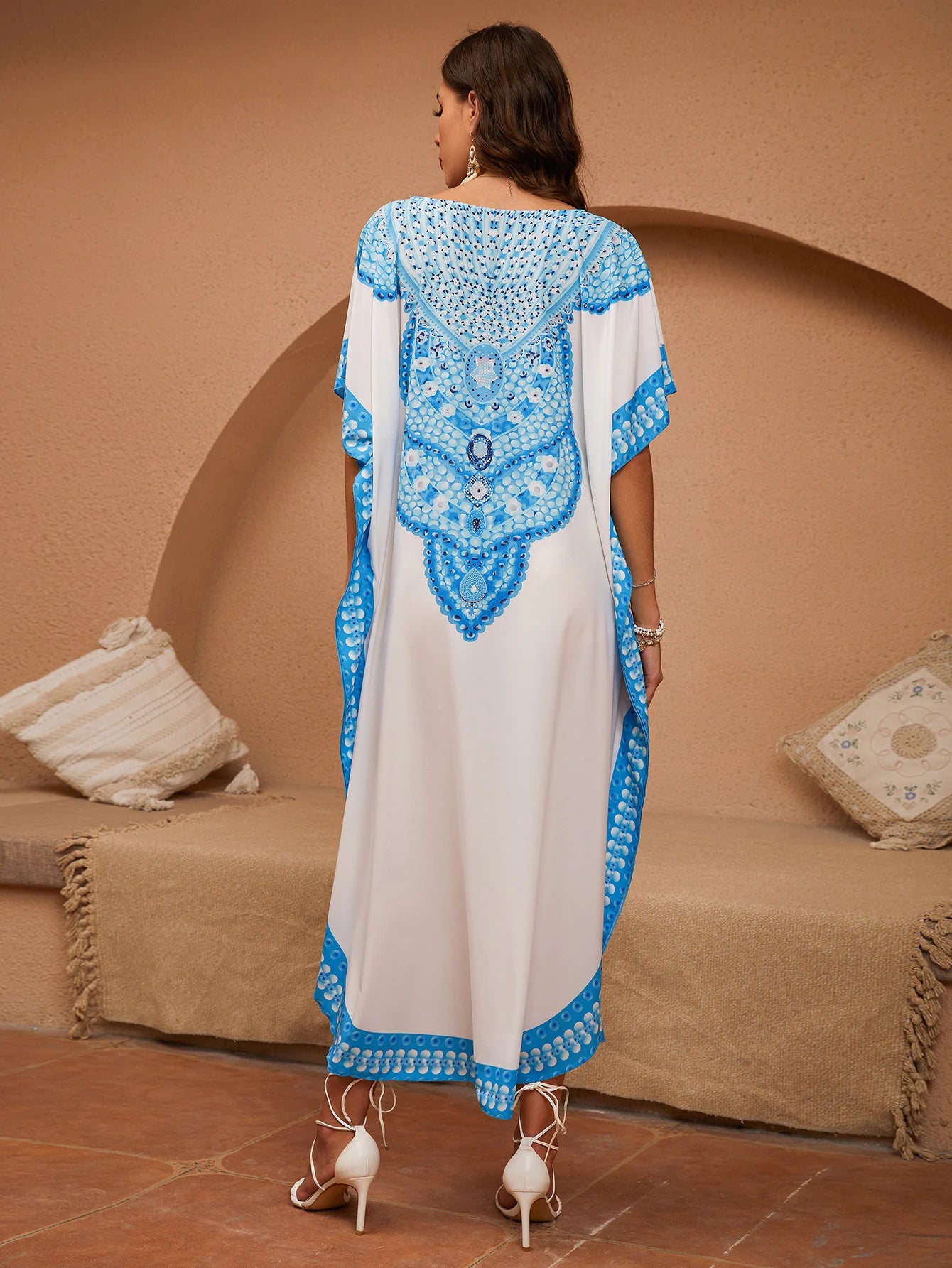 Women's Boho Style Cover Up, Plus Size Ombre V Neck Loose Fit Vacay Beach Kaftan Dress