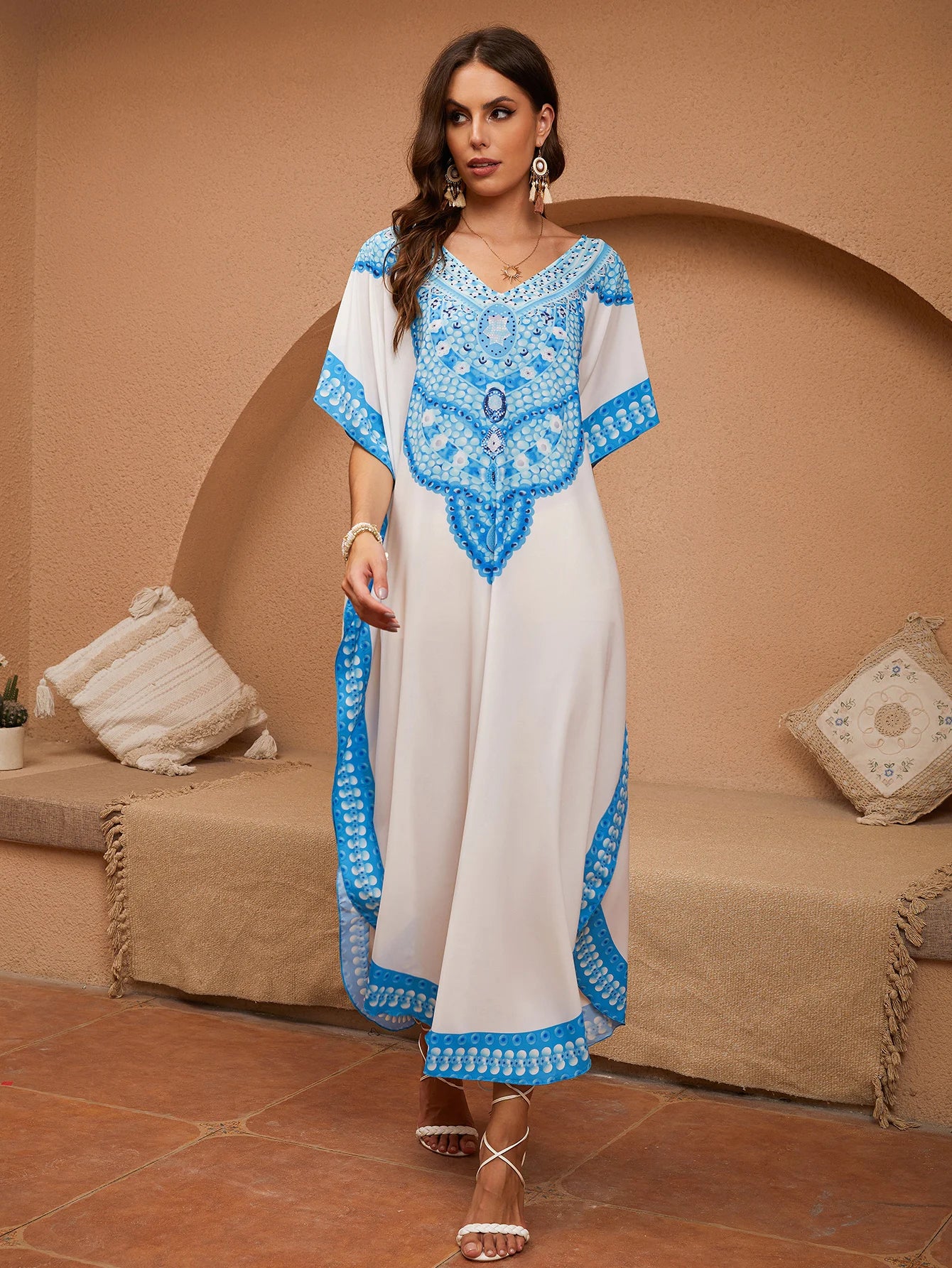 Women's Boho Style Cover Up, Plus Size Ombre V Neck Loose Fit Vacay Beach Kaftan Dress