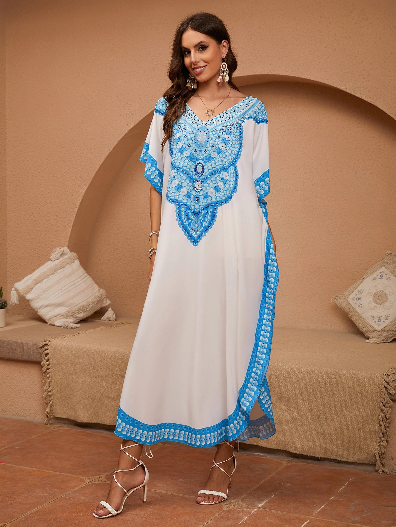 Women's Boho Style Cover Up, Plus Size Ombre V Neck Loose Fit Vacay Beach Kaftan Dress