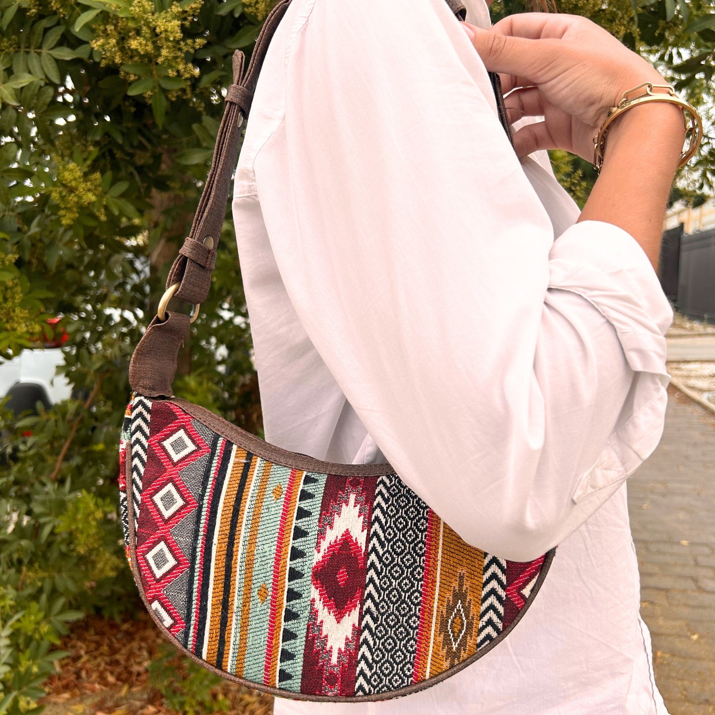 Jacquard Hobo Bag - Geo-Geen (brown strap)