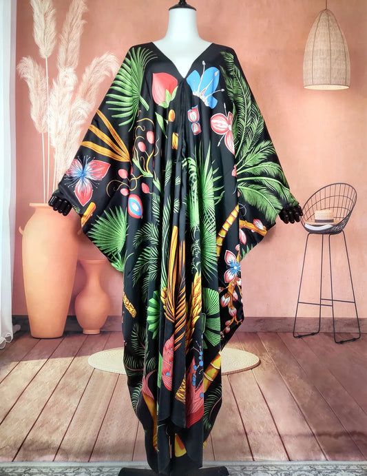 Kuwait Traditional V-neck European Printed Silk Kaftan Maxi dress Full Length dashiki African women's Party  Boubou dress