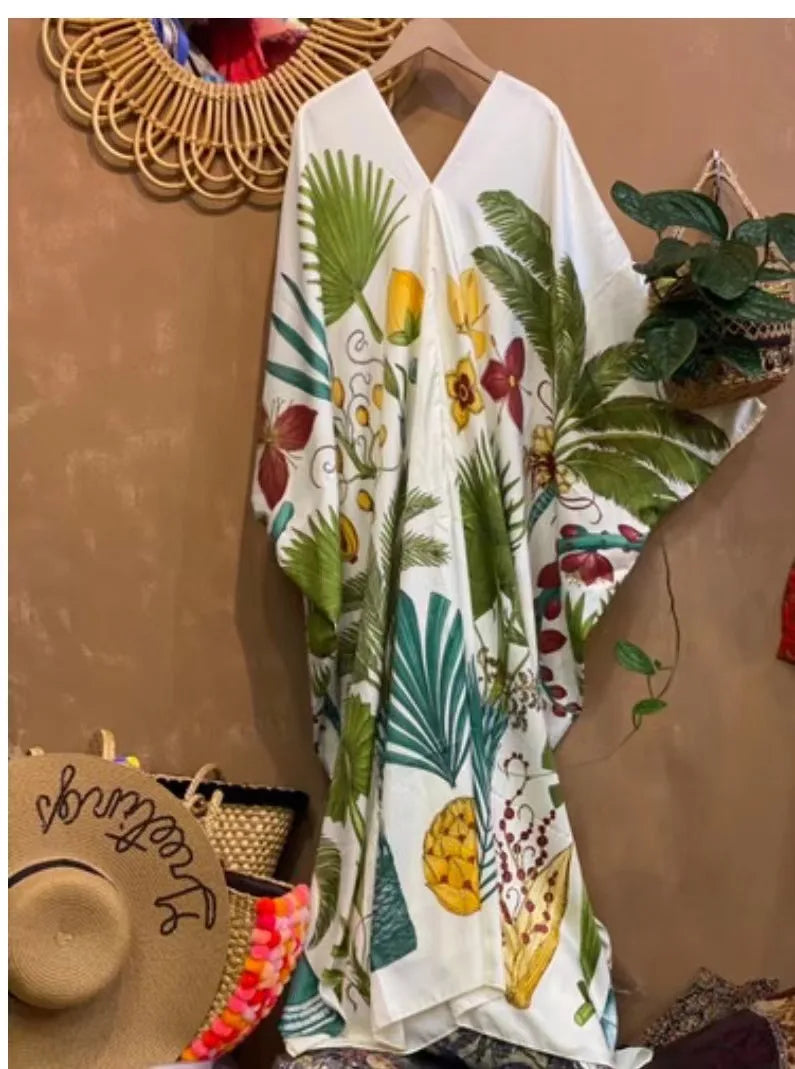 Kuwait Traditional V-neck European Printed Silk Kaftan Maxi dress Full Length dashiki African women's Party  Boubou dress