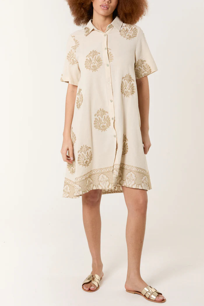 Damask Embroidery Button Mini Dress