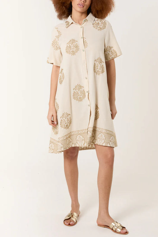 Damask Embroidery Button Mini Dress