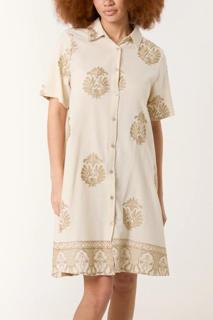 Damask Embroidery Button Mini Dress