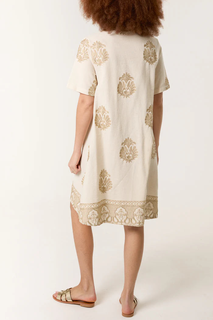 Damask Embroidery Button Mini Dress