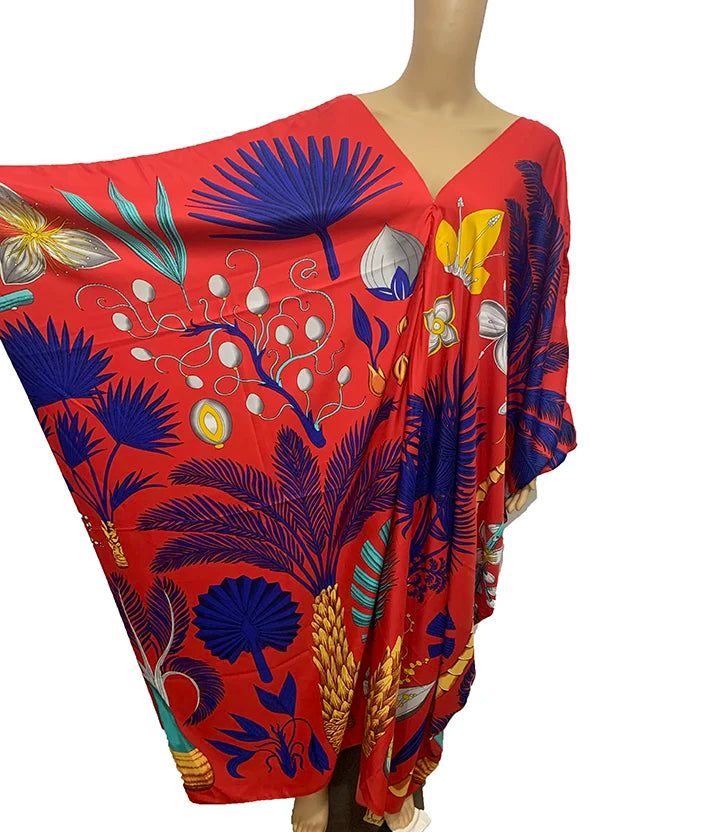 Kuwait Traditional V-neck European Printed Silk Kaftan Maxi dress Full Length dashiki African women's Party  Boubou dress