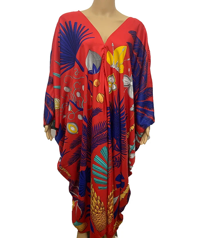 Kuwait Traditional V-neck European Printed Silk Kaftan Maxi dress Full Length dashiki African women's Party  Boubou dress