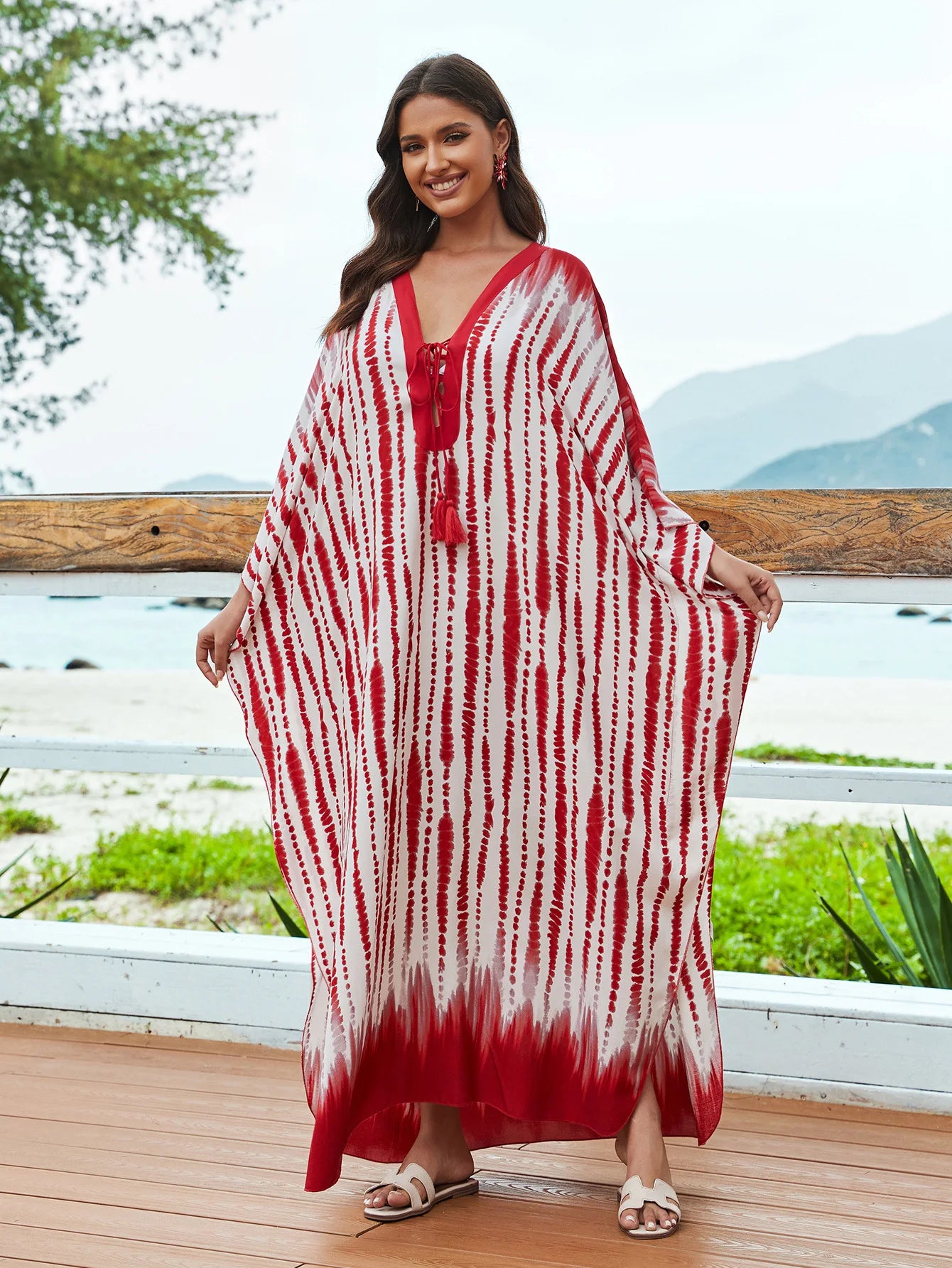 Kaftans for Women Flower Printed Maxi Dresses Lace Up Viscose Cover Ups for Swimwear Women Holiday Bathing Suits