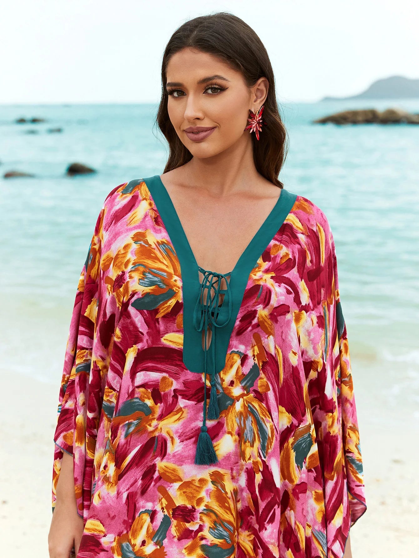 Kaftans for Women Flower Printed Maxi Dresses Lace Up Viscose Cover Ups for Swimwear Women Holiday Bathing Suits