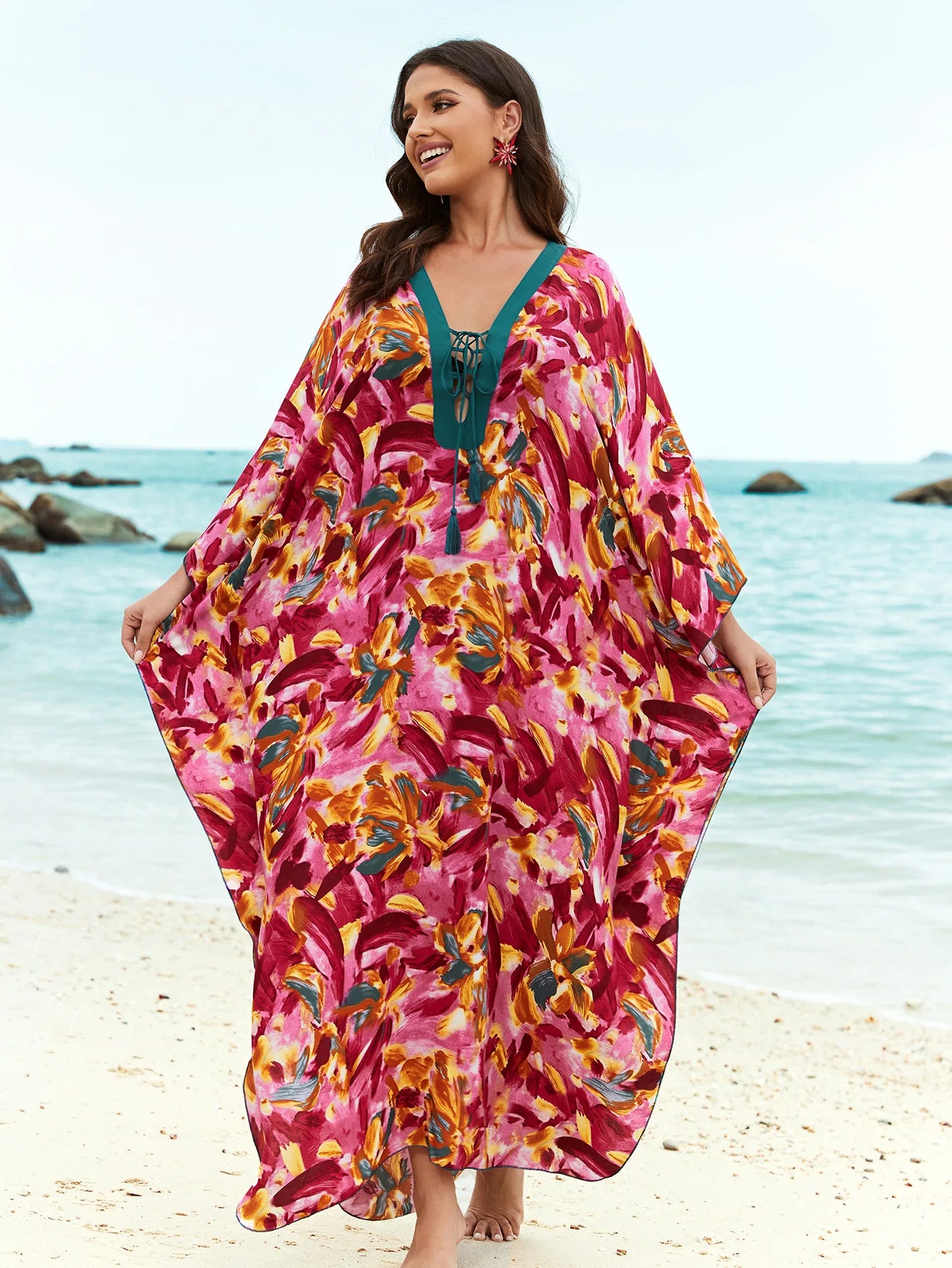 Kaftans for Women Flower Printed Maxi Dresses Lace Up Viscose Cover Ups for Swimwear Women Holiday Bathing Suits