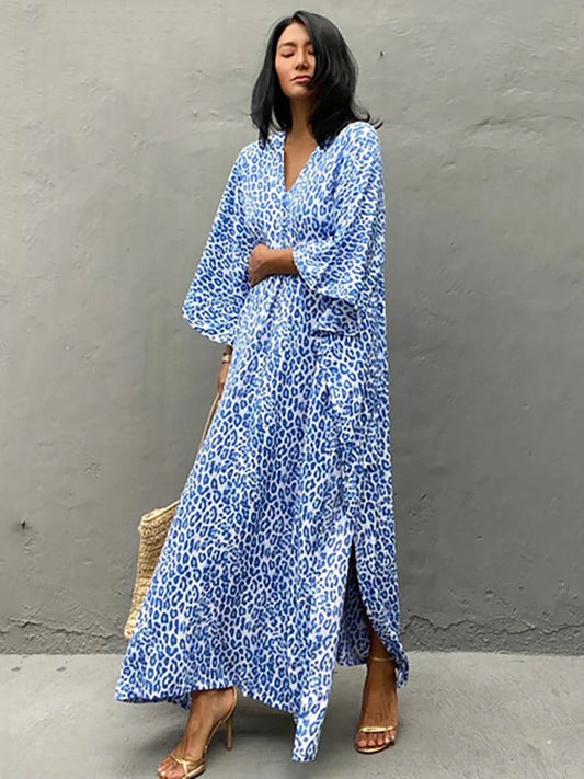 Fitshinling Cotton Summer Maxi Dress Women Split Oversized Kaftan Bohemian Vintage Loose Beach Cover Up Holiday Long Robe Pareo