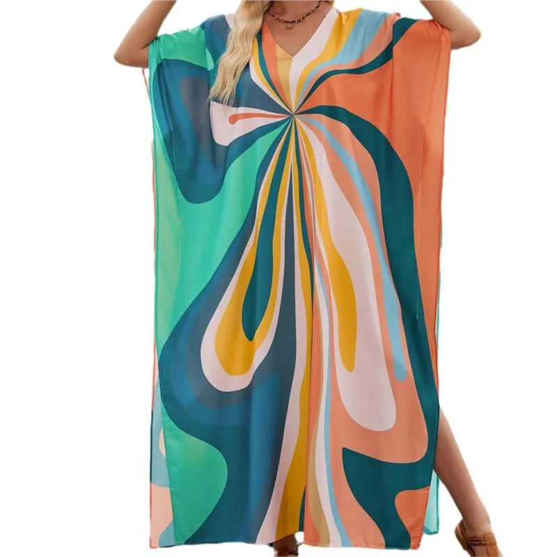 Fashionable V-neck Batwing Sleeve Kaftan