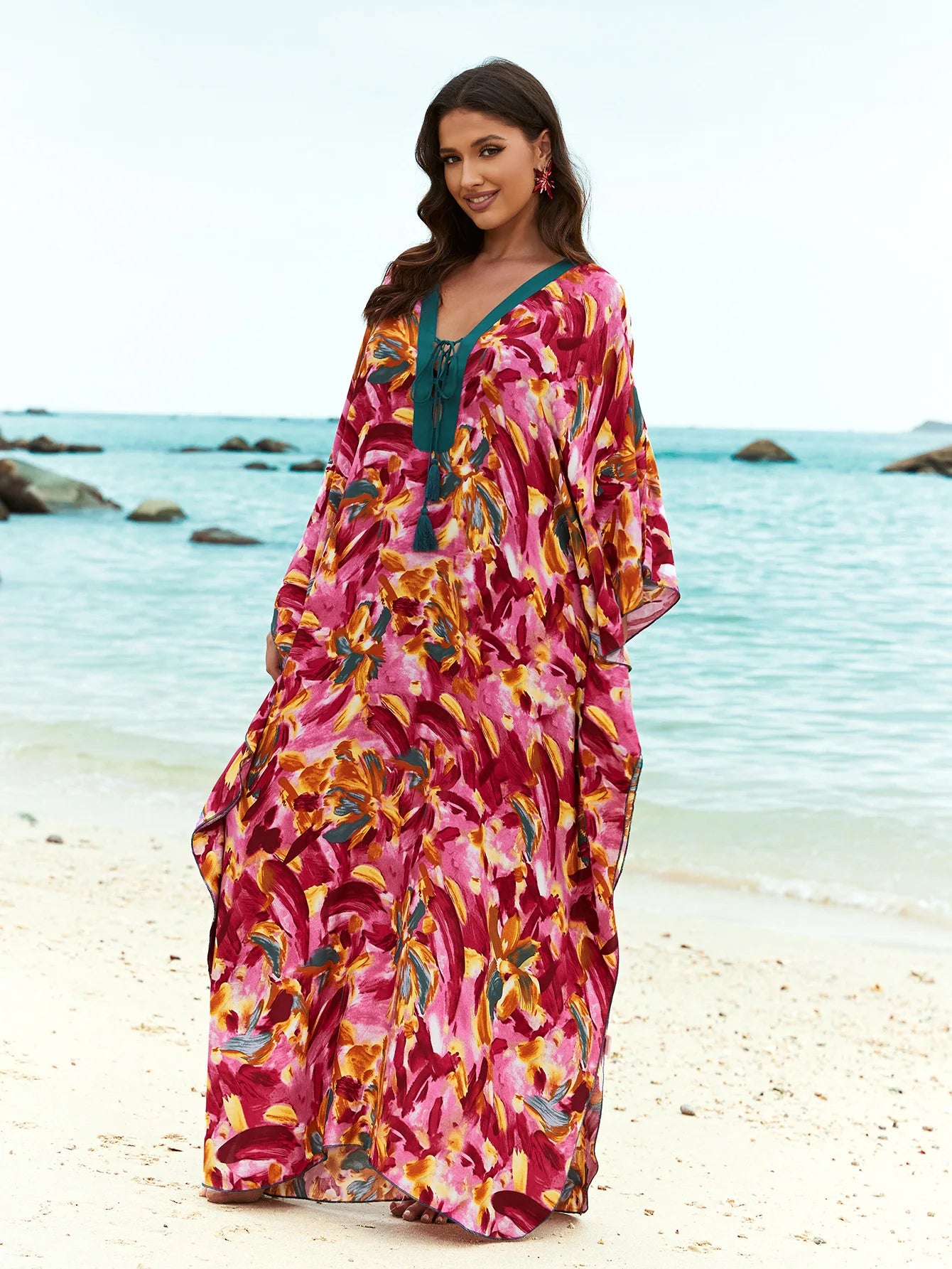 Kaftans for Women Flower Printed Maxi Dresses Lace Up Viscose Cover Ups for Swimwear Women Holiday Bathing Suits