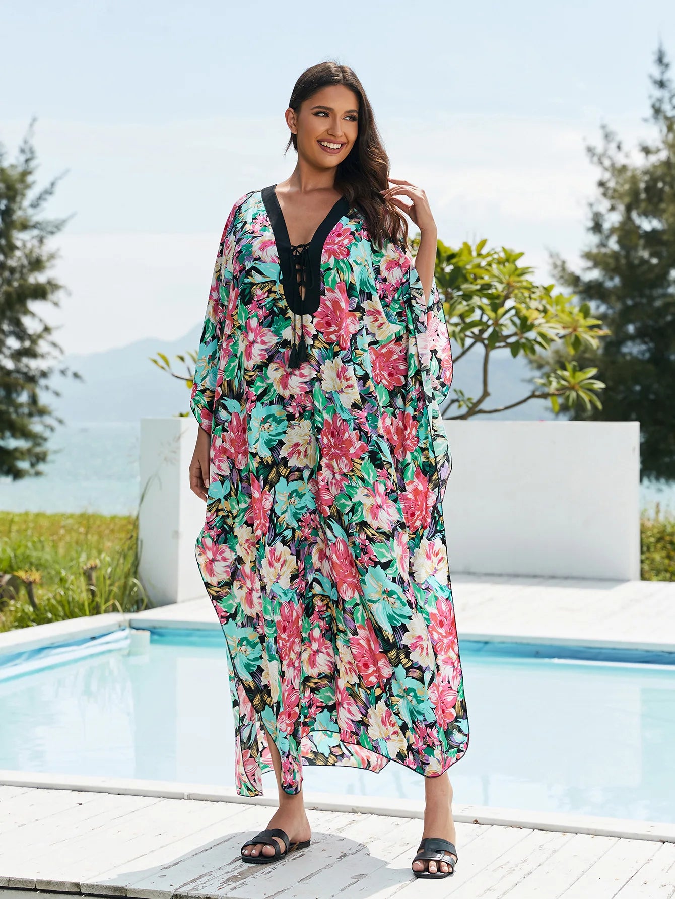 Kaftans for Women Flower Printed Maxi Dresses Lace Up Viscose Cover Ups for Swimwear Women Holiday Bathing Suits