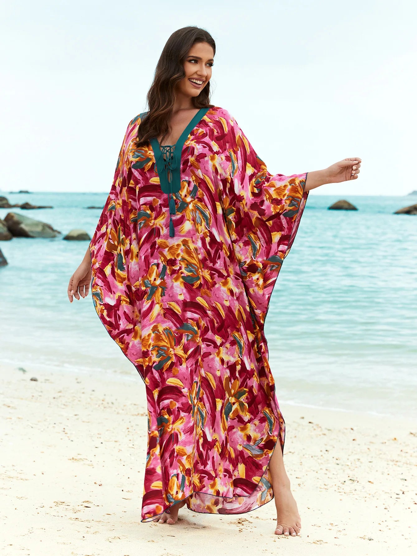 Kaftans for Women Flower Printed Maxi Dresses Lace Up Viscose Cover Ups for Swimwear Women Holiday Bathing Suits
