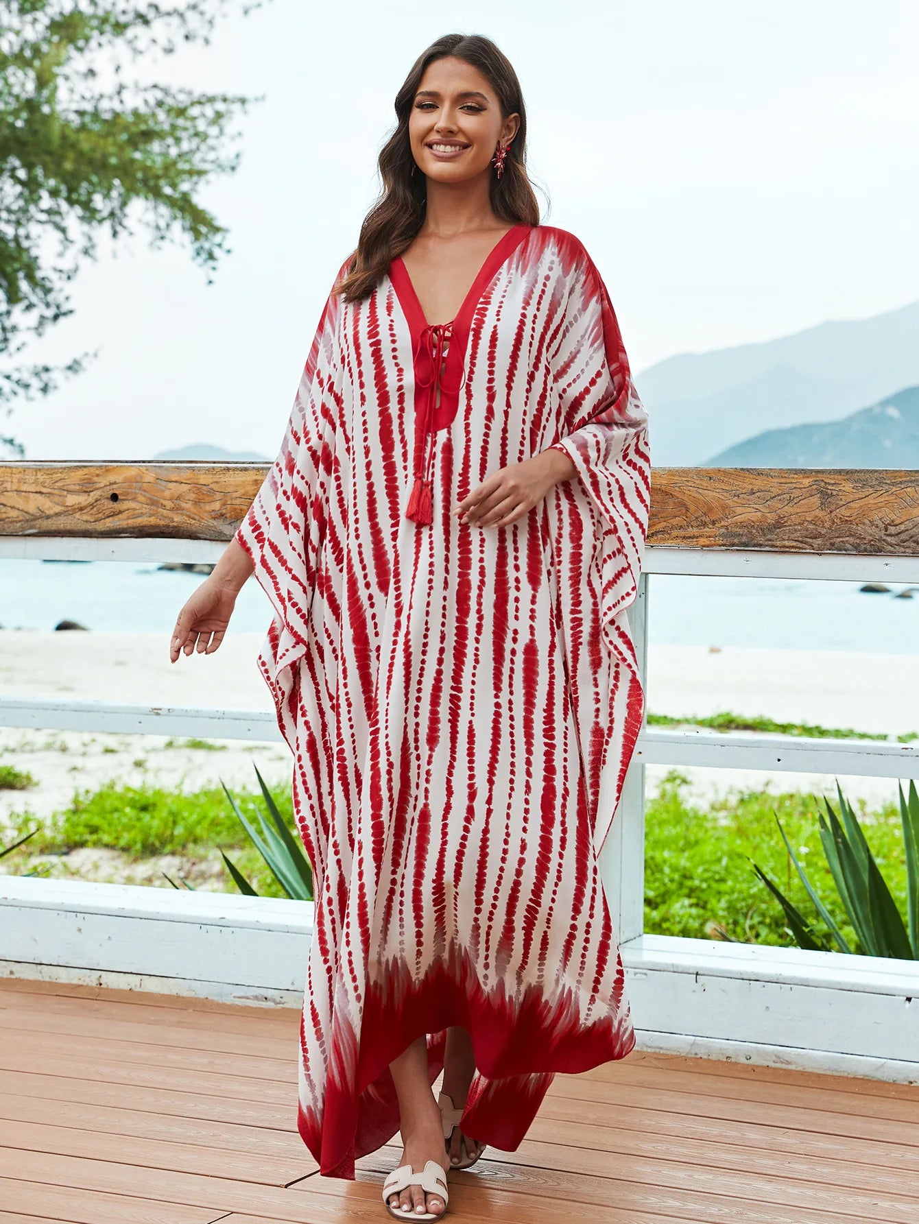 Kaftans for Women Flower Printed Maxi Dresses Lace Up Viscose Cover Ups for Swimwear Women Holiday Bathing Suits