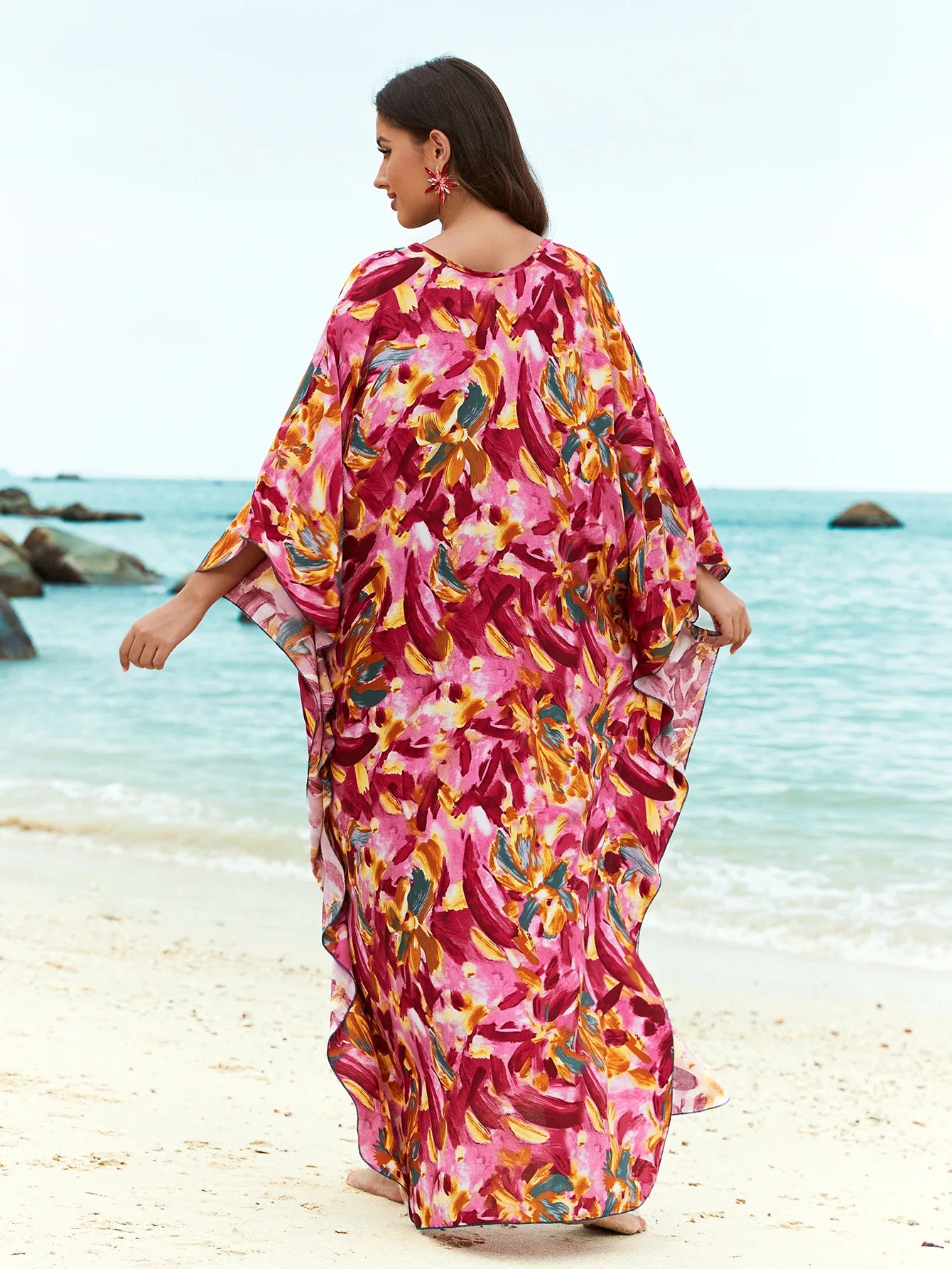 Kaftans for Women Flower Printed Maxi Dresses Lace Up Viscose Cover Ups for Swimwear Women Holiday Bathing Suits