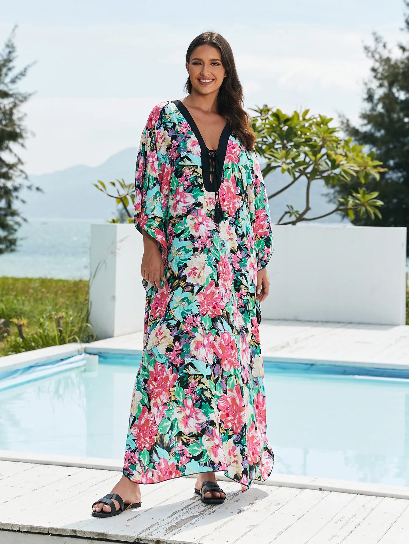 Kaftans for Women Flower Printed Maxi Dresses Lace Up Viscose Cover Ups for Swimwear Women Holiday Bathing Suits