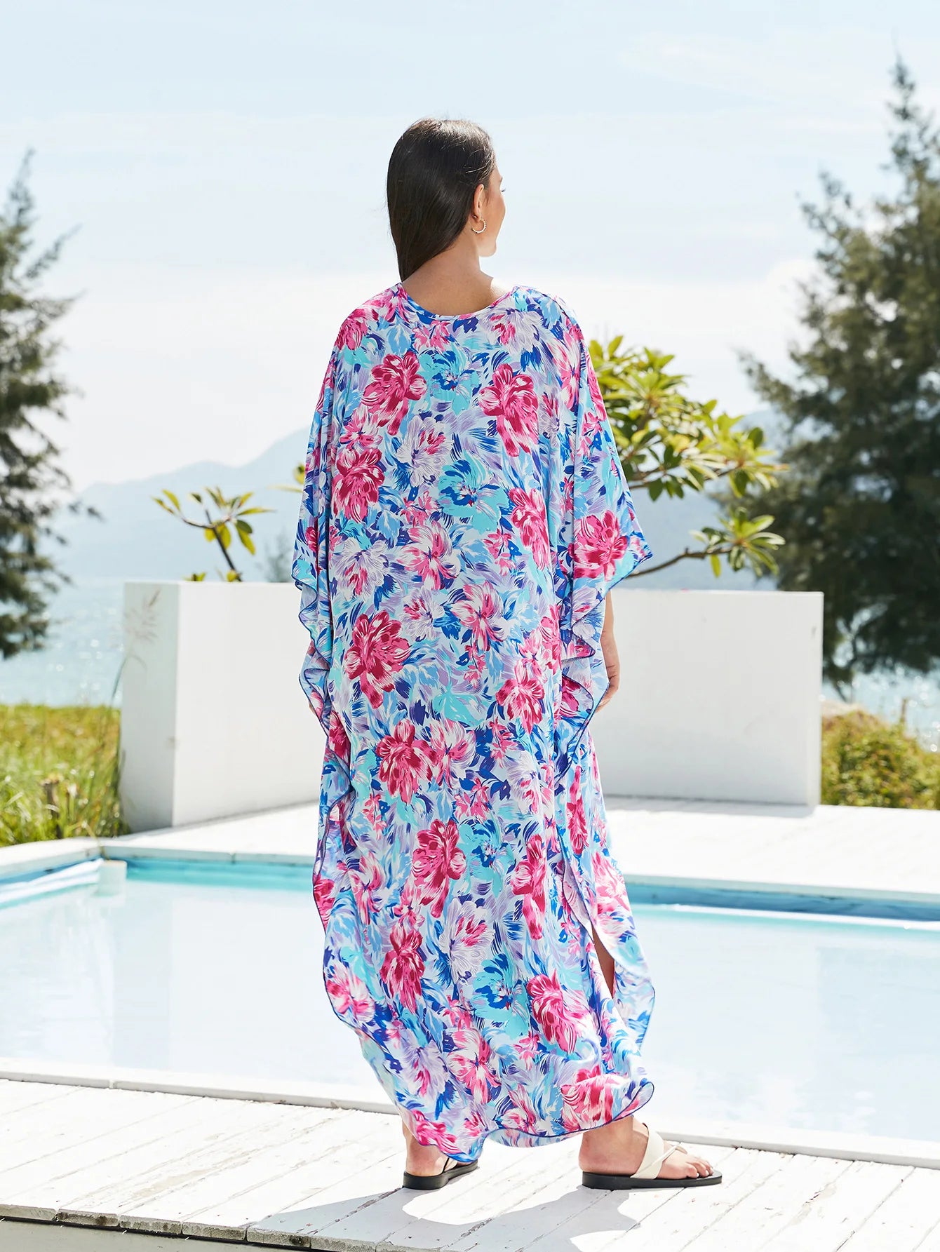 Kaftans for Women Flower Printed Maxi Dresses Lace Up Viscose Cover Ups for Swimwear Women Holiday Bathing Suits