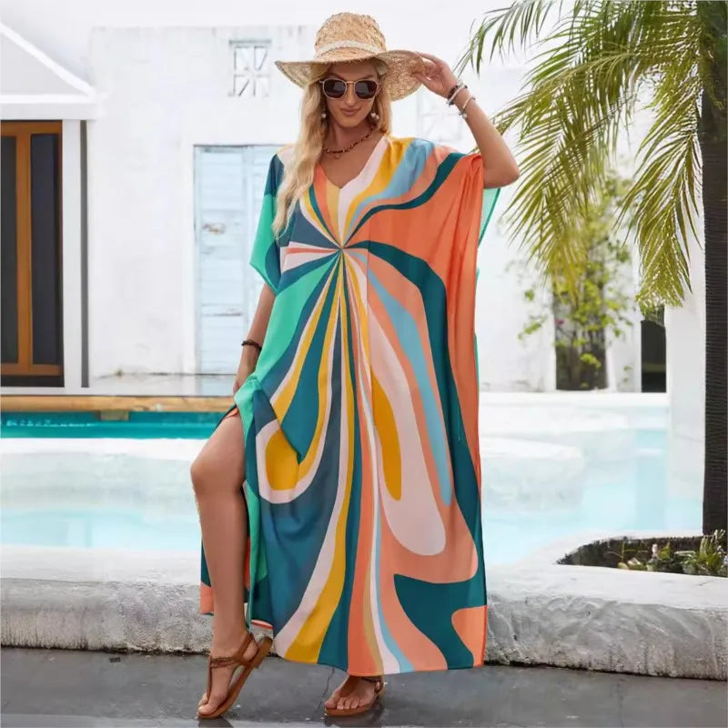 Fashionable V-neck Batwing Sleeve Kaftan