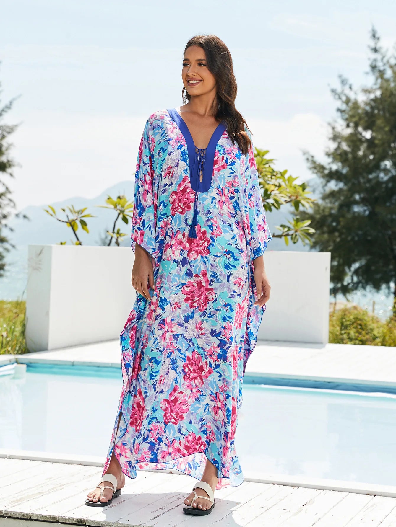 Kaftans for Women Flower Printed Maxi Dresses Lace Up Viscose Cover Ups for Swimwear Women Holiday Bathing Suits