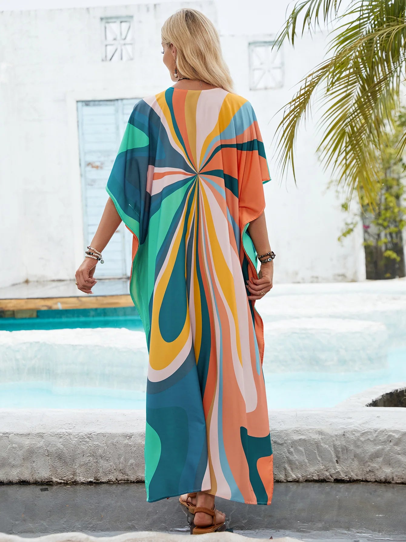 Fashionable V-neck Batwing Sleeve Kaftan