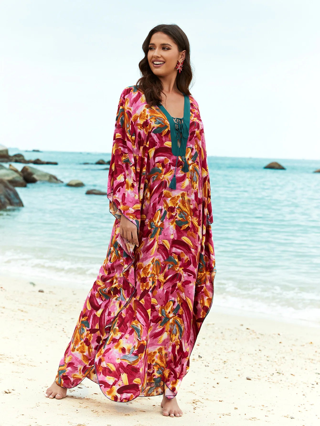 Kaftans for Women Flower Printed Maxi Dresses Lace Up Viscose Cover Ups for Swimwear Women Holiday Bathing Suits