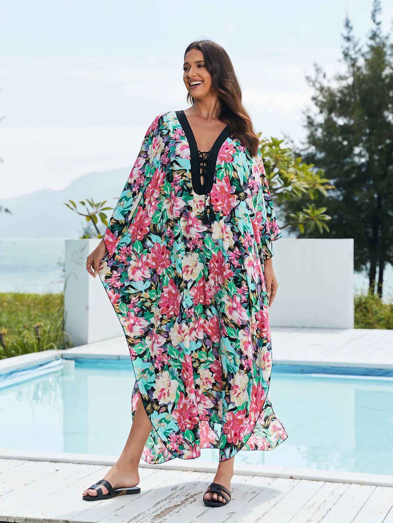 Kaftans for Women Flower Printed Maxi Dresses Lace Up Viscose Cover Ups for Swimwear Women Holiday Bathing Suits