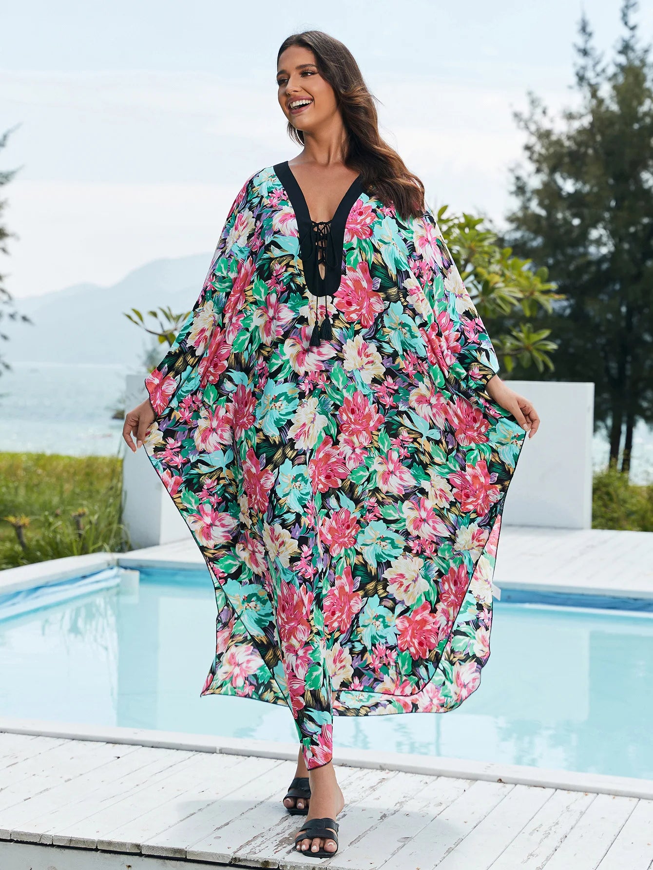 Kaftans for Women Flower Printed Maxi Dresses Lace Up Viscose Cover Ups for Swimwear Women Holiday Bathing Suits