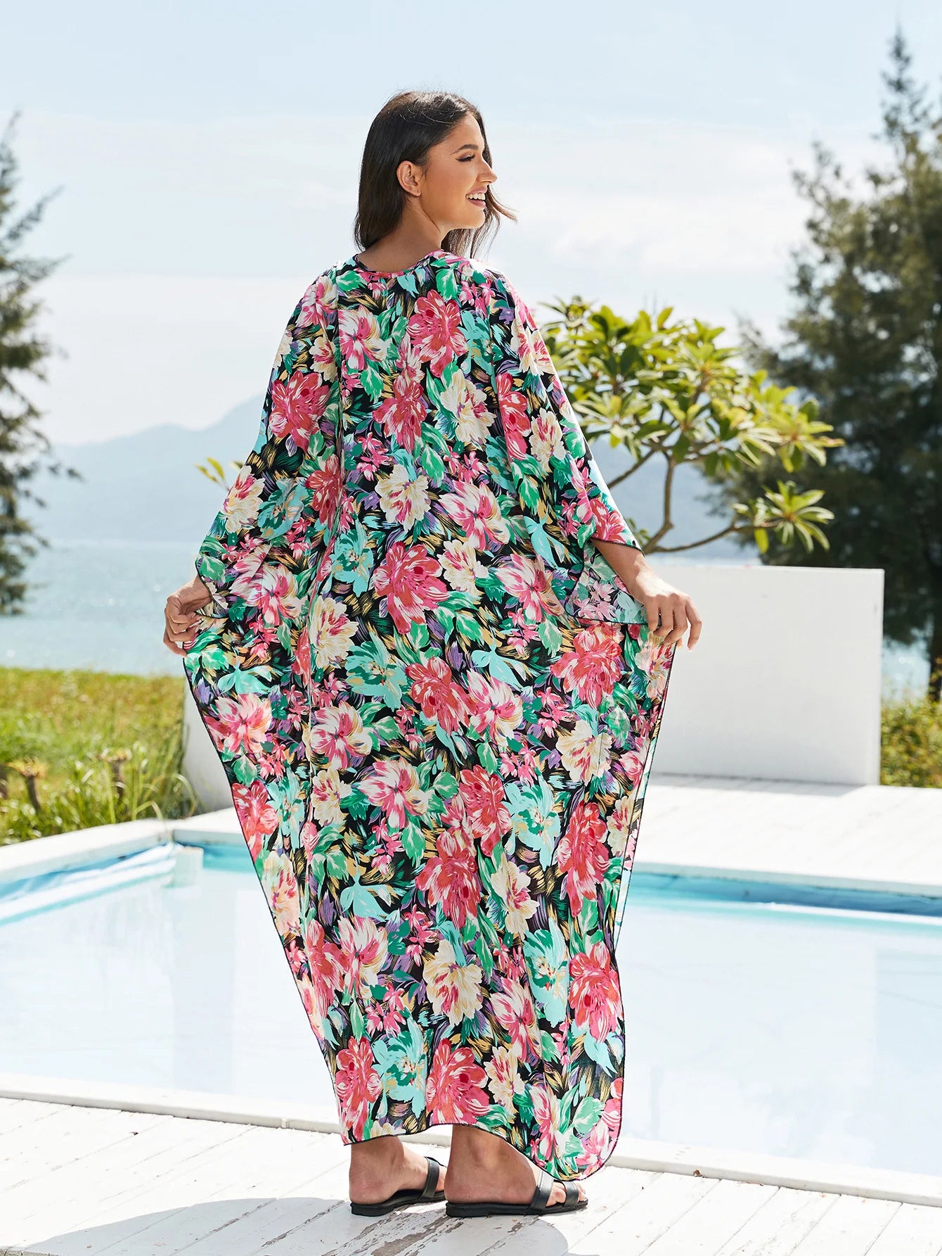 Kaftans for Women Flower Printed Maxi Dresses Lace Up Viscose Cover Ups for Swimwear Women Holiday Bathing Suits