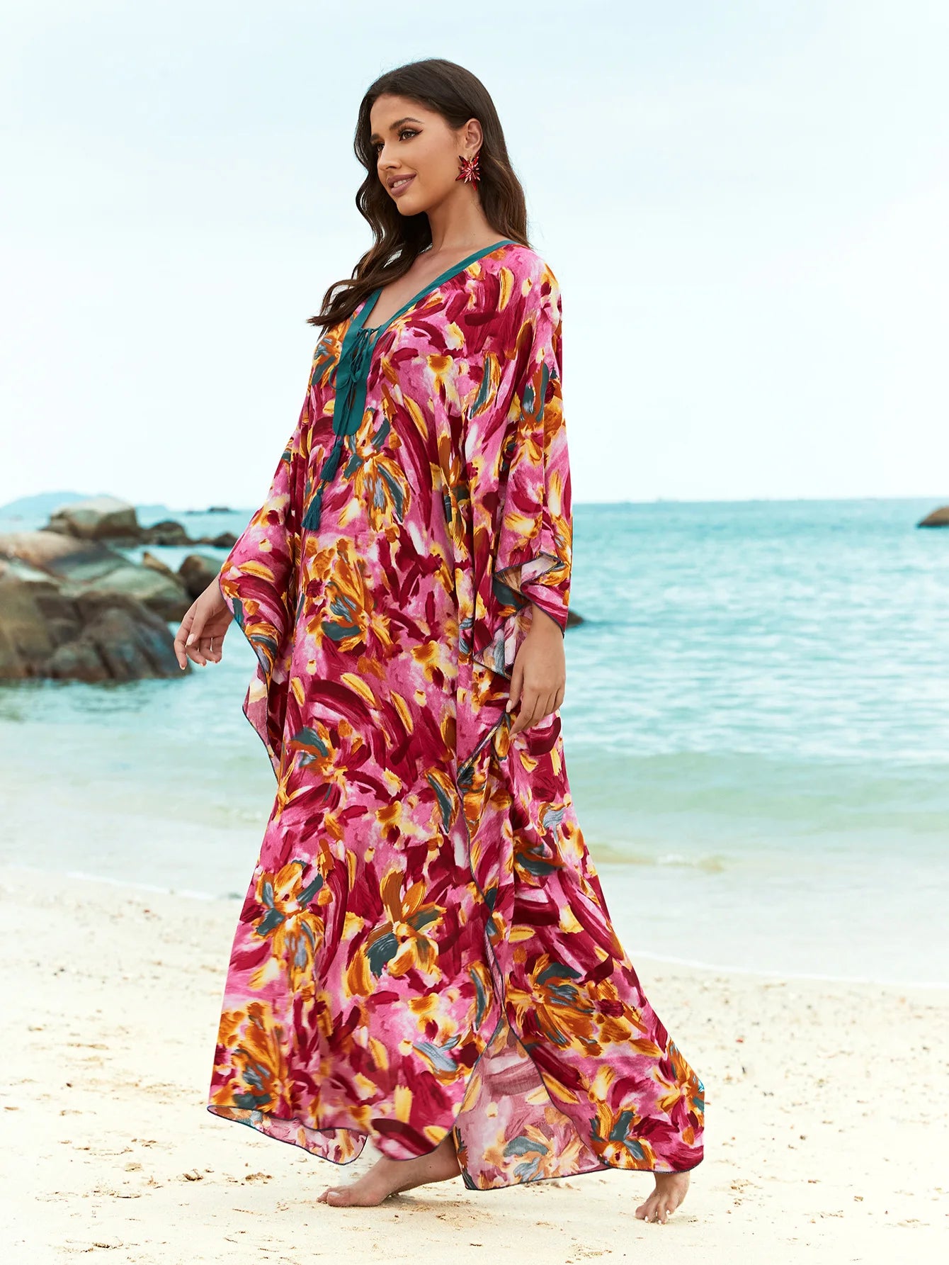 Kaftans for Women Flower Printed Maxi Dresses Lace Up Viscose Cover Ups for Swimwear Women Holiday Bathing Suits