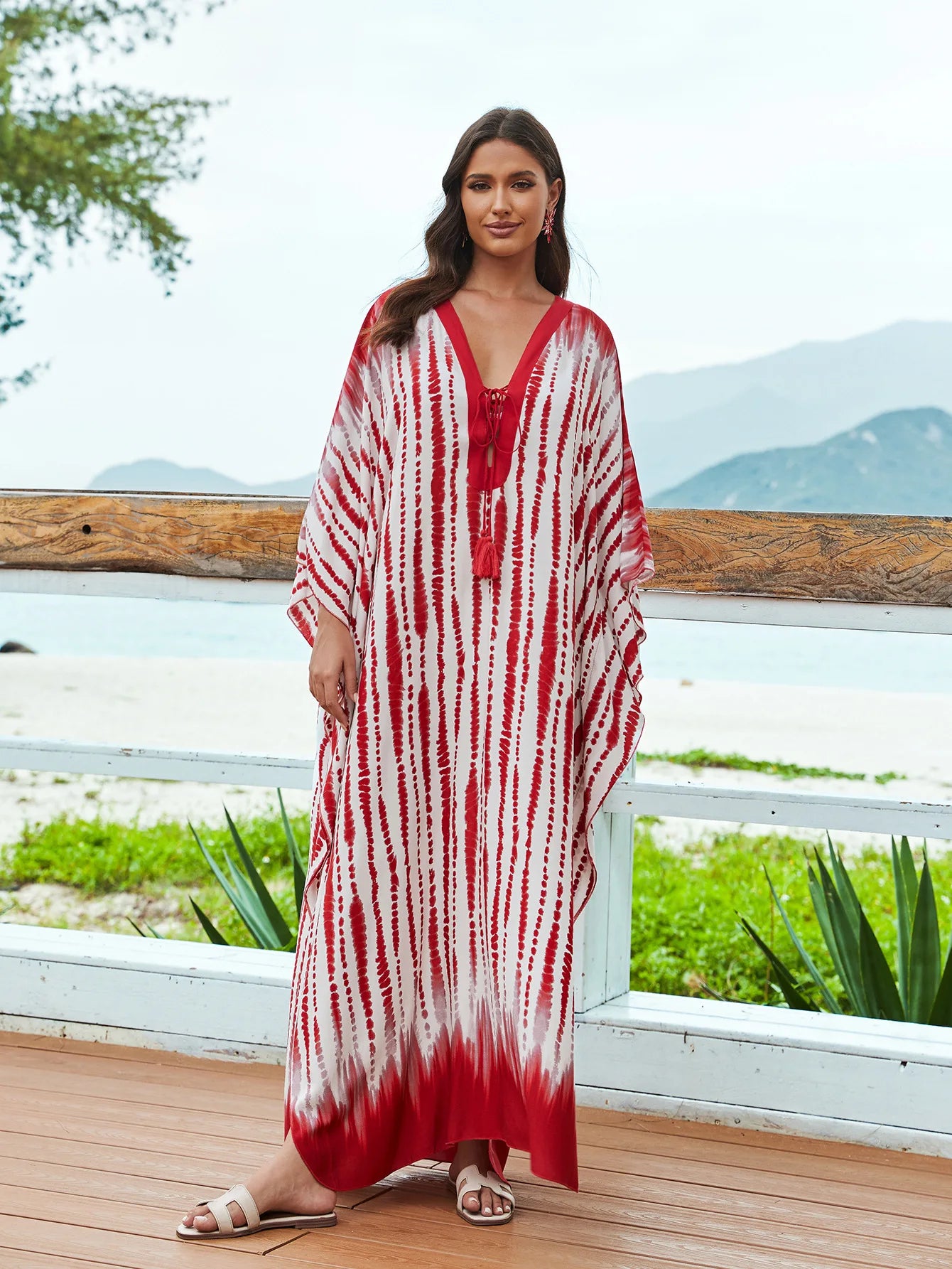 Kaftans for Women Flower Printed Maxi Dresses Lace Up Viscose Cover Ups for Swimwear Women Holiday Bathing Suits