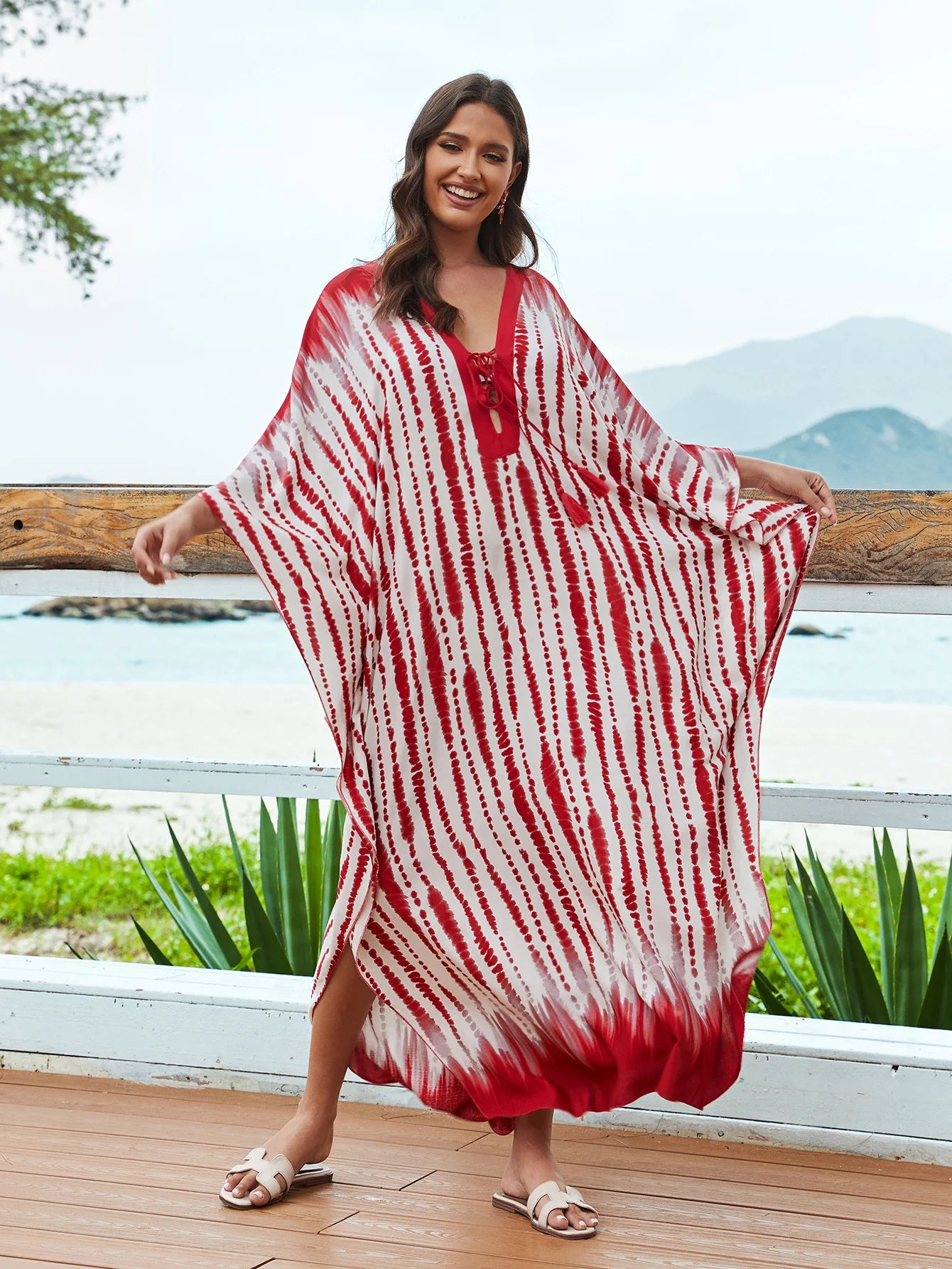Kaftans for Women Flower Printed Maxi Dresses Lace Up Viscose Cover Ups for Swimwear Women Holiday Bathing Suits