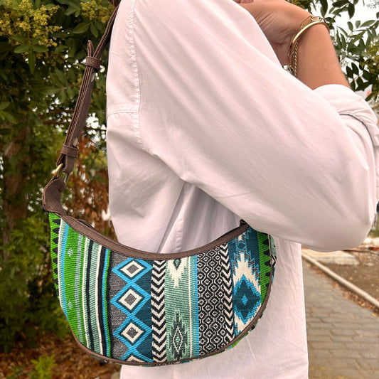 Jacquard Hobo Bag - Geo-Geen (brown strap)